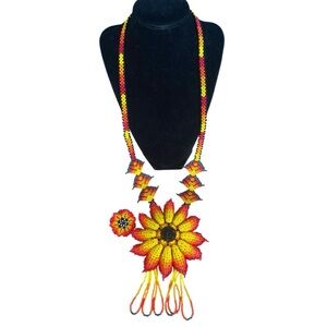 Huichol Mexican Indigenous Long Hand Beaded Flower Necklace And Ring